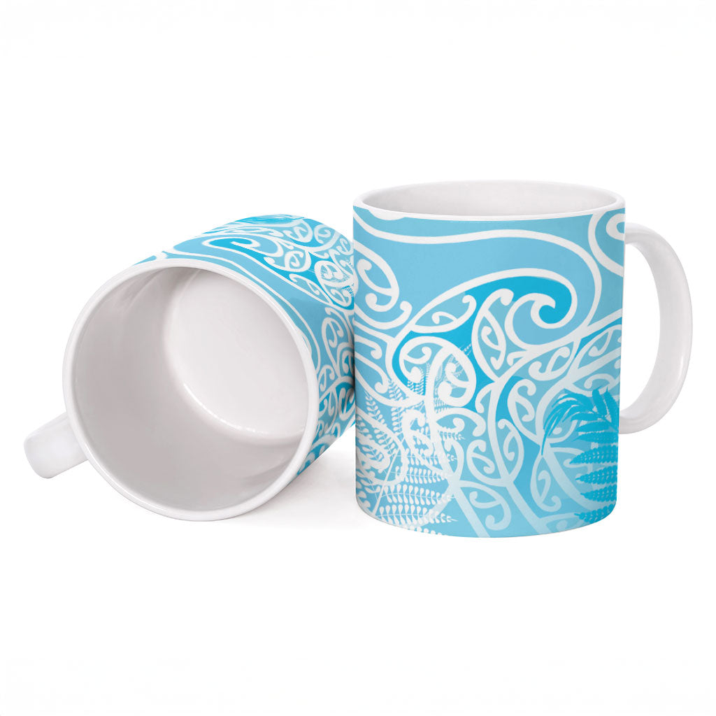 Aotearoa Maori Koru Curves Ceramic Mug Silver Ferns - Turquoise LT7 - Polynesian Pride