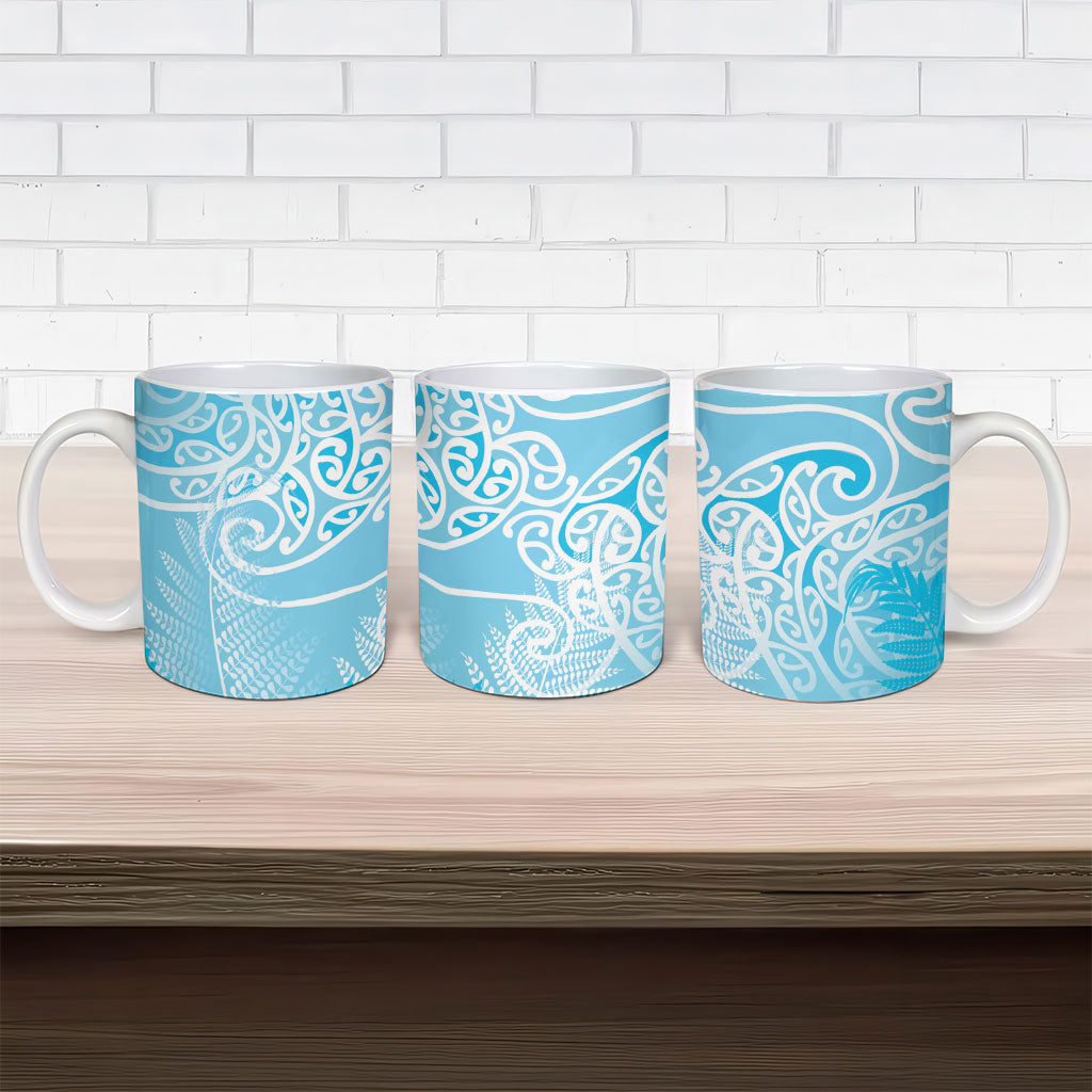 Aotearoa Maori Koru Curves Ceramic Mug Silver Ferns - Turquoise LT7 - Polynesian Pride