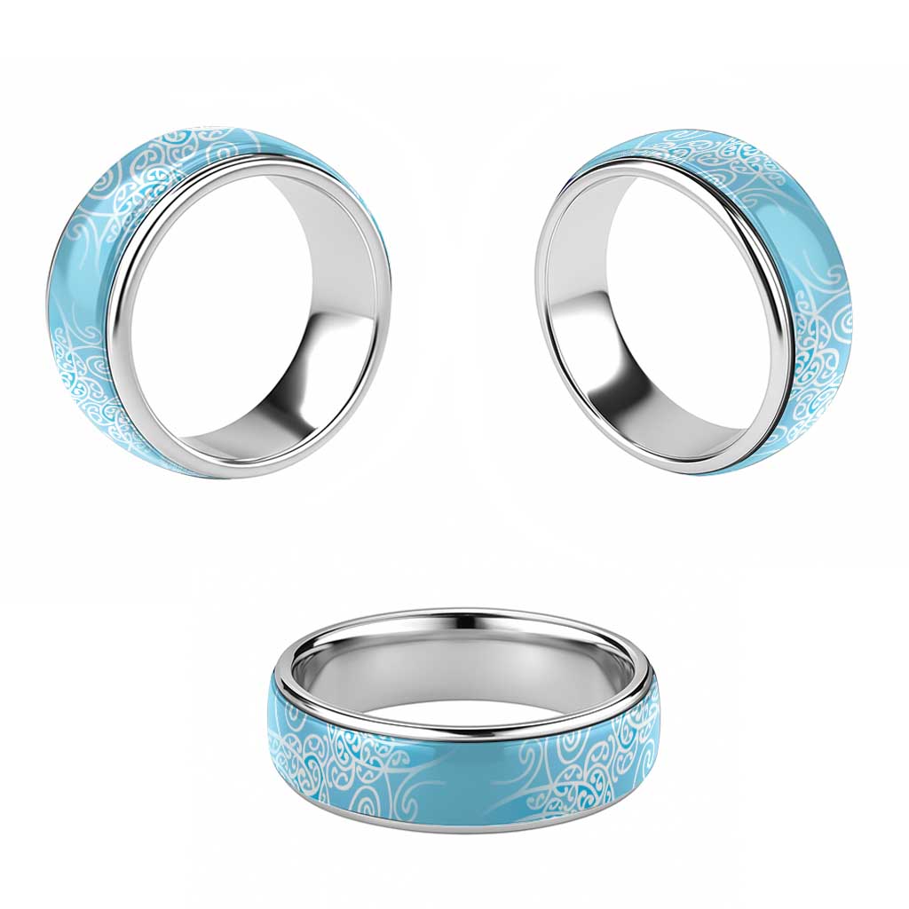 Aotearoa Maori Koru Curves Classic Ring Silver Ferns - Turquoise LT7 - Polynesian Pride