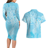 Aotearoa Maori Koru Curves Couples Matching Long Sleeve Bodycon Dress and Hawaiian Shirt Silver Ferns - Turquoise