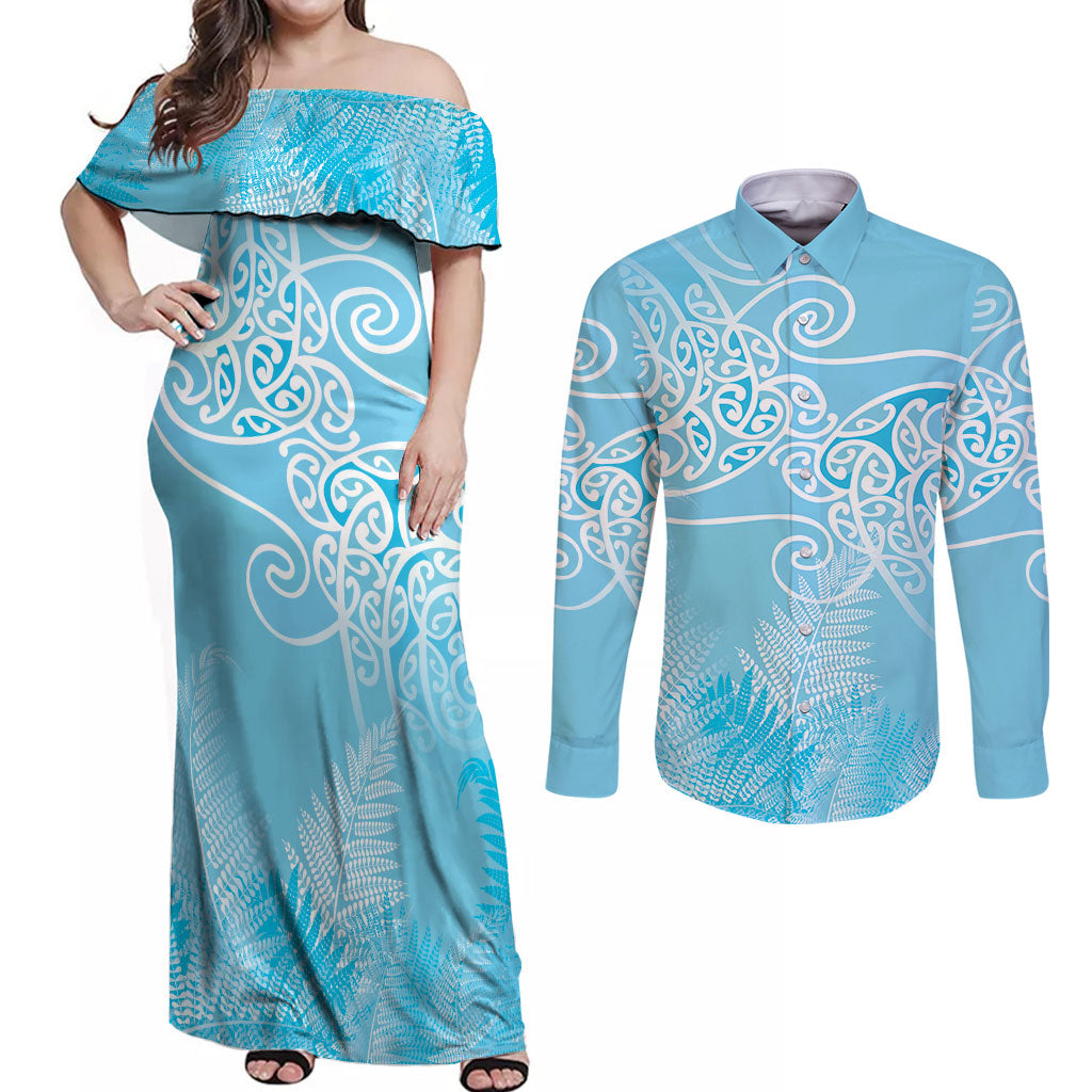 Aotearoa Maori Koru Curves Couples Matching Off Shoulder Maxi Dress and Long Sleeve Button Shirt Silver Ferns - Turquoise LT7 Turquoise - Polynesian Pride