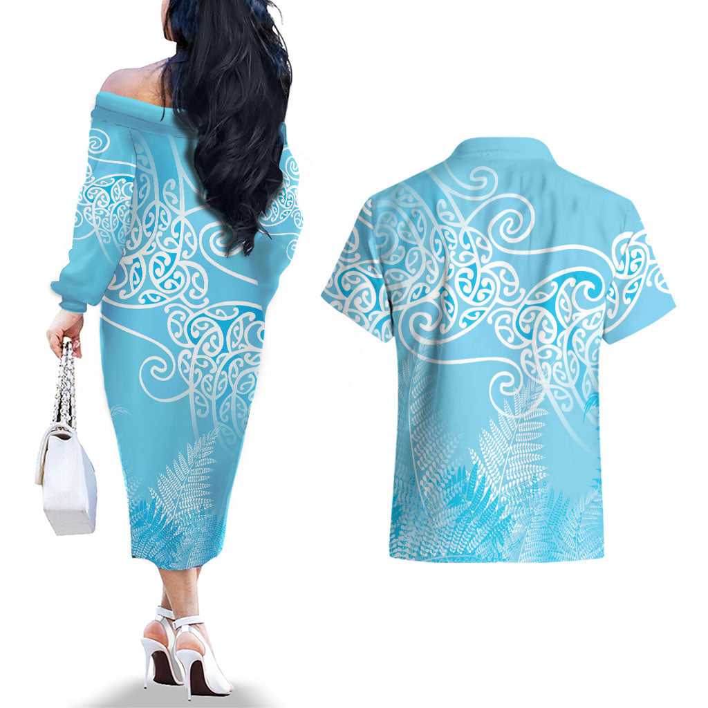 Aotearoa Maori Koru Curves Couples Matching Off The Shoulder Long Sleeve Dress and Hawaiian Shirt Silver Ferns - Turquoise
