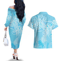 Aotearoa Maori Koru Curves Couples Matching Off The Shoulder Long Sleeve Dress and Hawaiian Shirt Silver Ferns - Turquoise