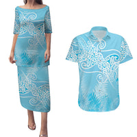 Aotearoa Maori Koru Curves Couples Matching Puletasi and Hawaiian Shirt Silver Ferns - Turquoise