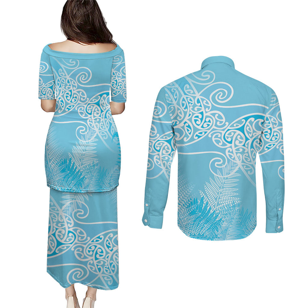 Aotearoa Maori Koru Curves Couples Matching Puletasi and Long Sleeve Button Shirt Silver Ferns - Turquoise LT7 - Polynesian Pride