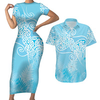 Aotearoa Maori Koru Curves Couples Matching Short Sleeve Bodycon Dress and Hawaiian Shirt Silver Ferns - Turquoise