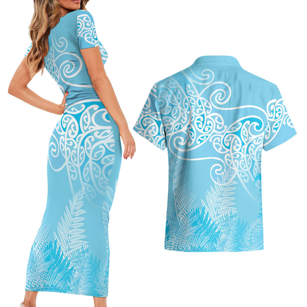 Aotearoa Maori Koru Curves Couples Matching Short Sleeve Bodycon Dress and Hawaiian Shirt Silver Ferns - Turquoise