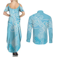 Aotearoa Maori Koru Curves Couples Matching Summer Maxi Dress and Long Sleeve Button Shirt Silver Ferns - Turquoise LT7 - Polynesian Pride