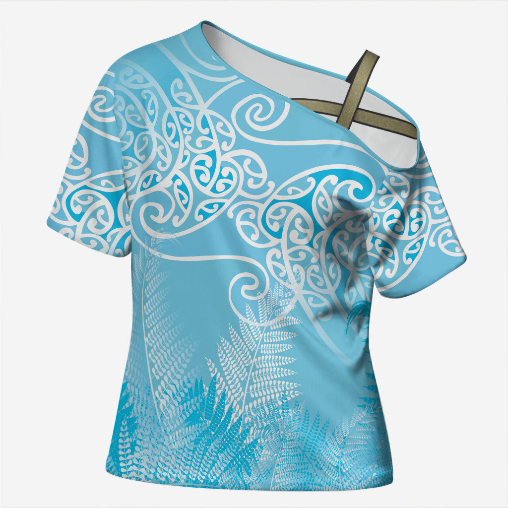 Aotearoa Maori Koru Curves Cross Shoulder Shirt Silver Ferns - Turquoise LT7 Female Turquoise - Polynesian Pride