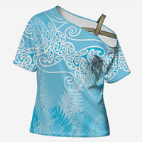 Aotearoa Maori Koru Curves Cross Shoulder Shirt Silver Ferns - Turquoise LT7 Female Turquoise - Polynesian Pride