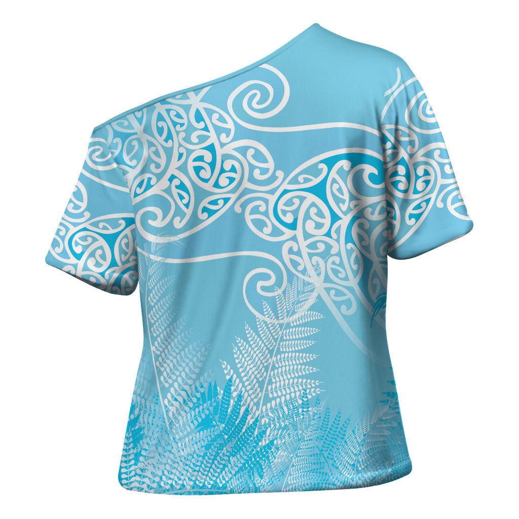 Aotearoa Maori Koru Curves Cross Shoulder Shirt Silver Ferns - Turquoise LT7 - Polynesian Pride