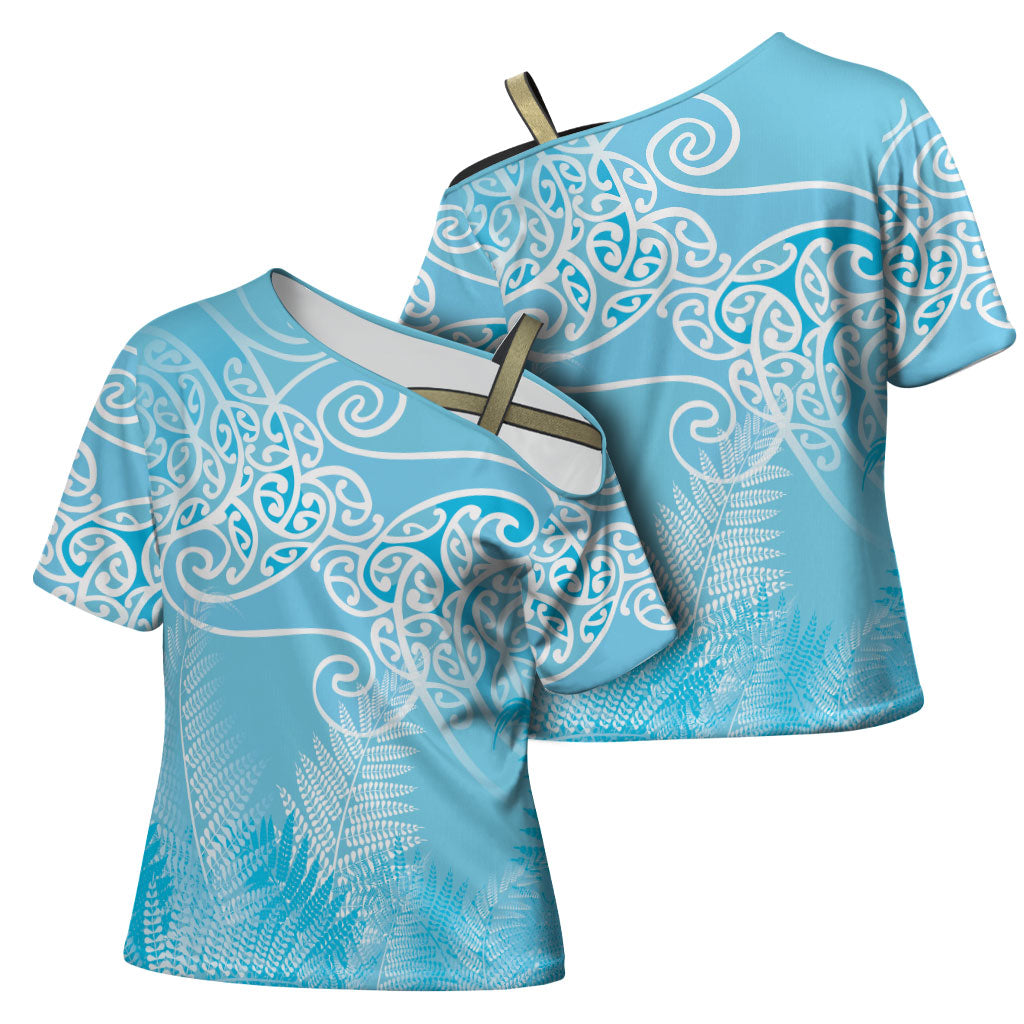 Aotearoa Maori Koru Curves Cross Shoulder Shirt Silver Ferns - Turquoise LT7 - Polynesian Pride
