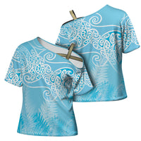 Aotearoa Maori Koru Curves Cross Shoulder Shirt Silver Ferns - Turquoise LT7 - Polynesian Pride