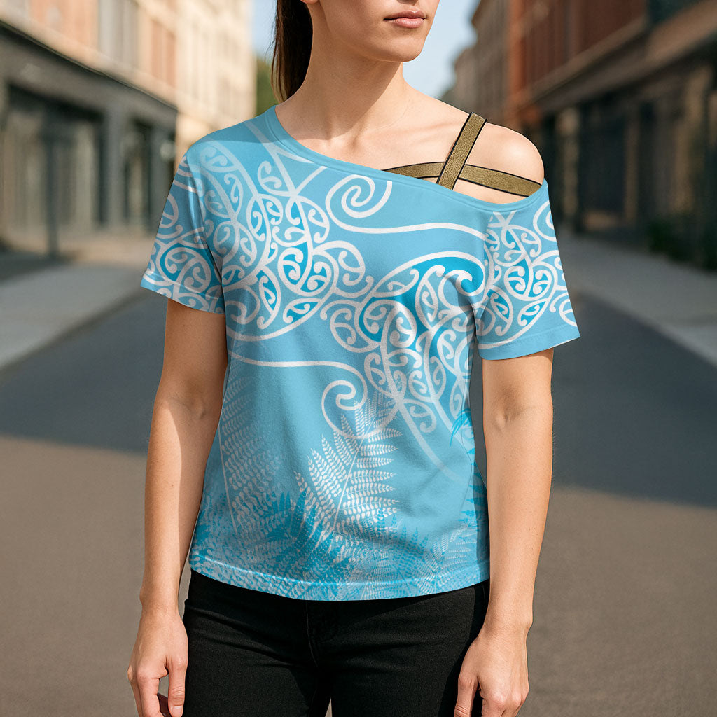 Aotearoa Maori Koru Curves Cross Shoulder Shirt Silver Ferns - Turquoise LT7 - Polynesian Pride