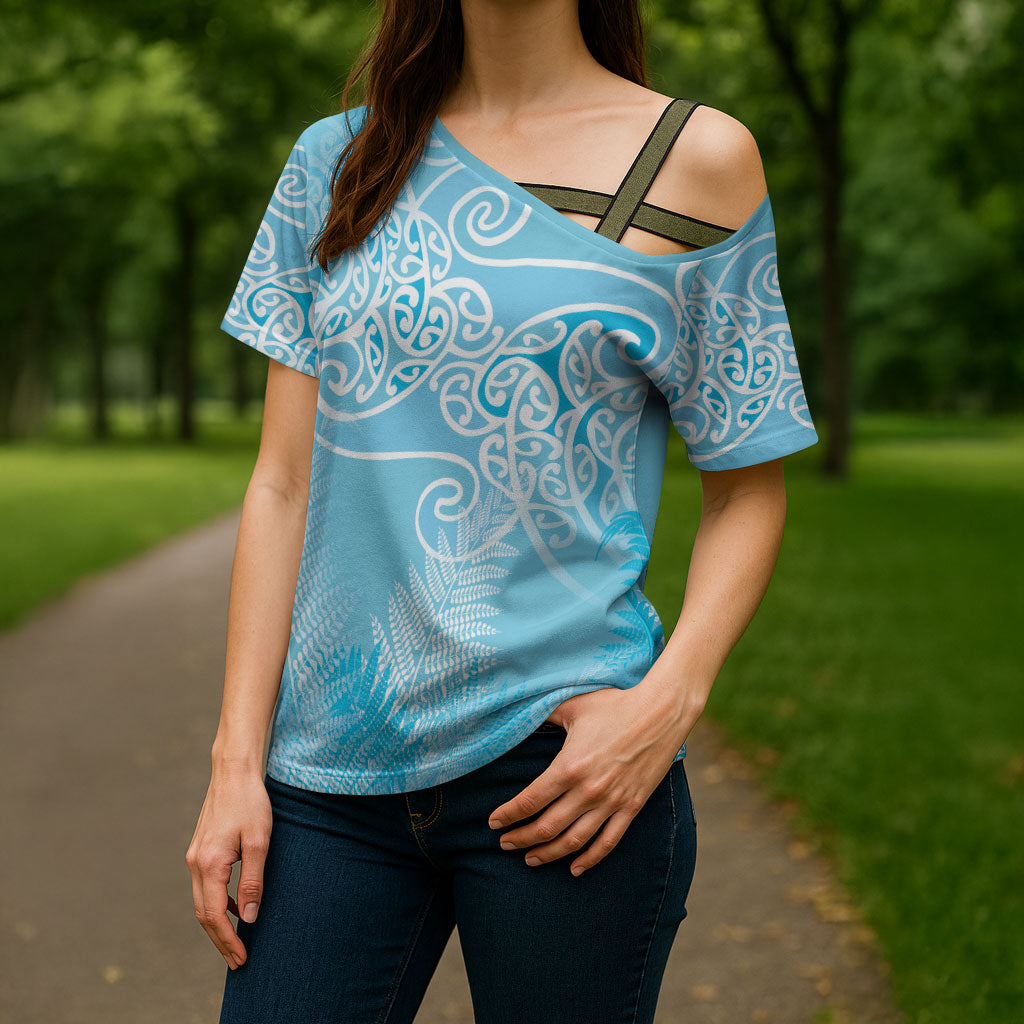 Aotearoa Maori Koru Curves Cross Shoulder Shirt Silver Ferns - Turquoise LT7 - Polynesian Pride