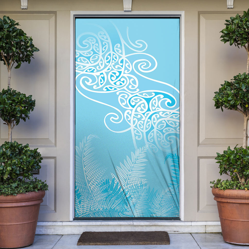 Aotearoa Maori Koru Curves Door Cover Silver Ferns - Turquoise LT7 Turquoise - Polynesian Pride