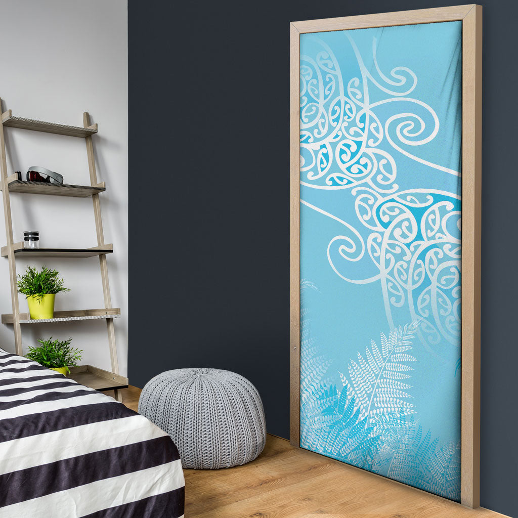 Aotearoa Maori Koru Curves Door Cover Silver Ferns - Turquoise LT7 - Polynesian Pride