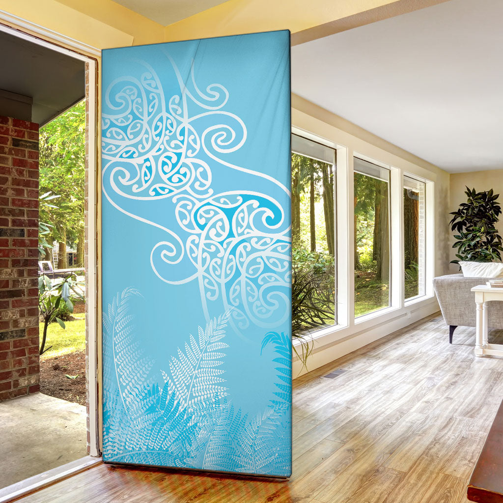 Aotearoa Maori Koru Curves Door Cover Silver Ferns - Turquoise LT7 - Polynesian Pride