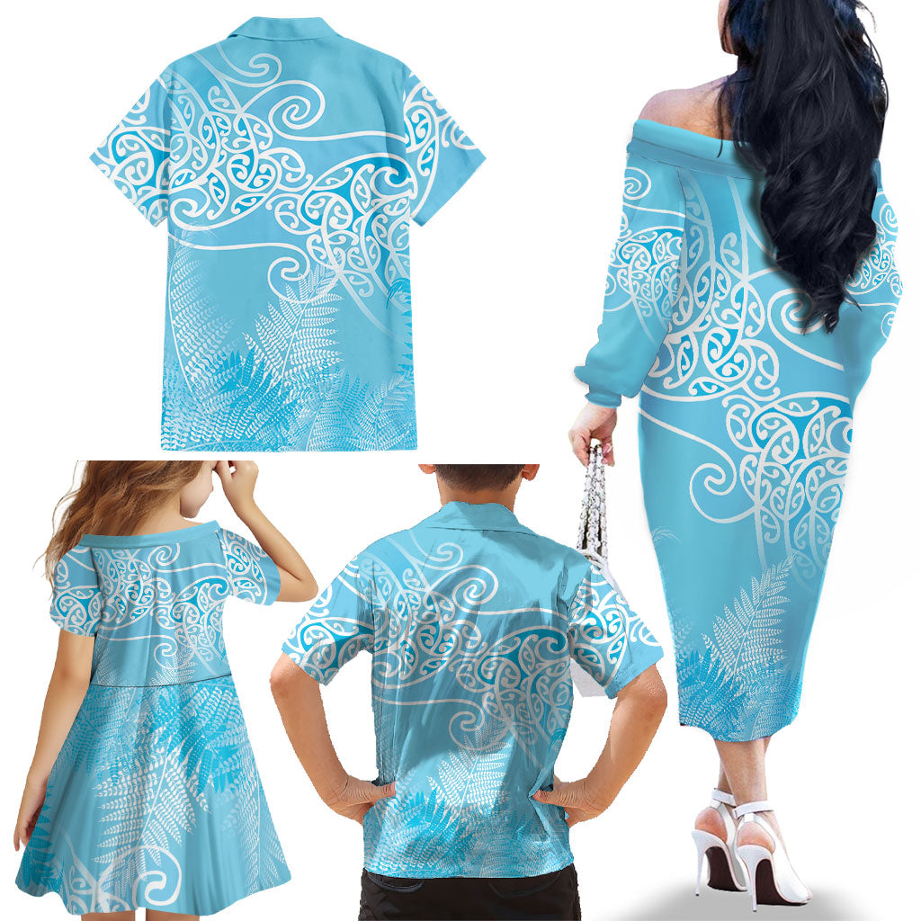 Aotearoa Maori Koru Curves Family Matching Off The Shoulder Long Sleeve Dress and Hawaiian Shirt Silver Ferns - Turquoise