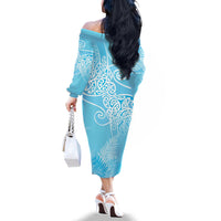Aotearoa Maori Koru Curves Family Matching Off The Shoulder Long Sleeve Dress and Hawaiian Shirt Silver Ferns - Turquoise