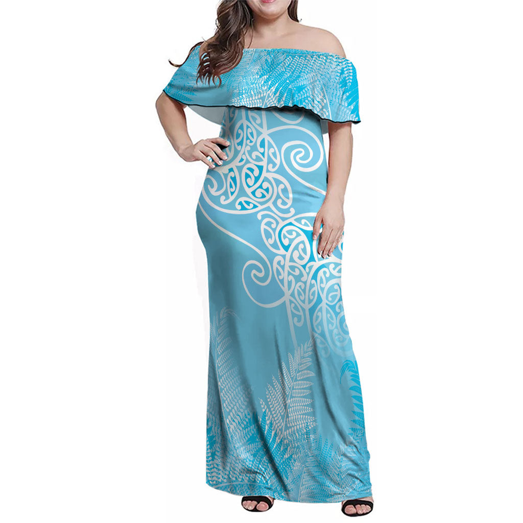 Aotearoa Maori Koru Curves Family Matching Off Shoulder Maxi Dress and Hawaiian Shirt Silver Ferns - Turquoise