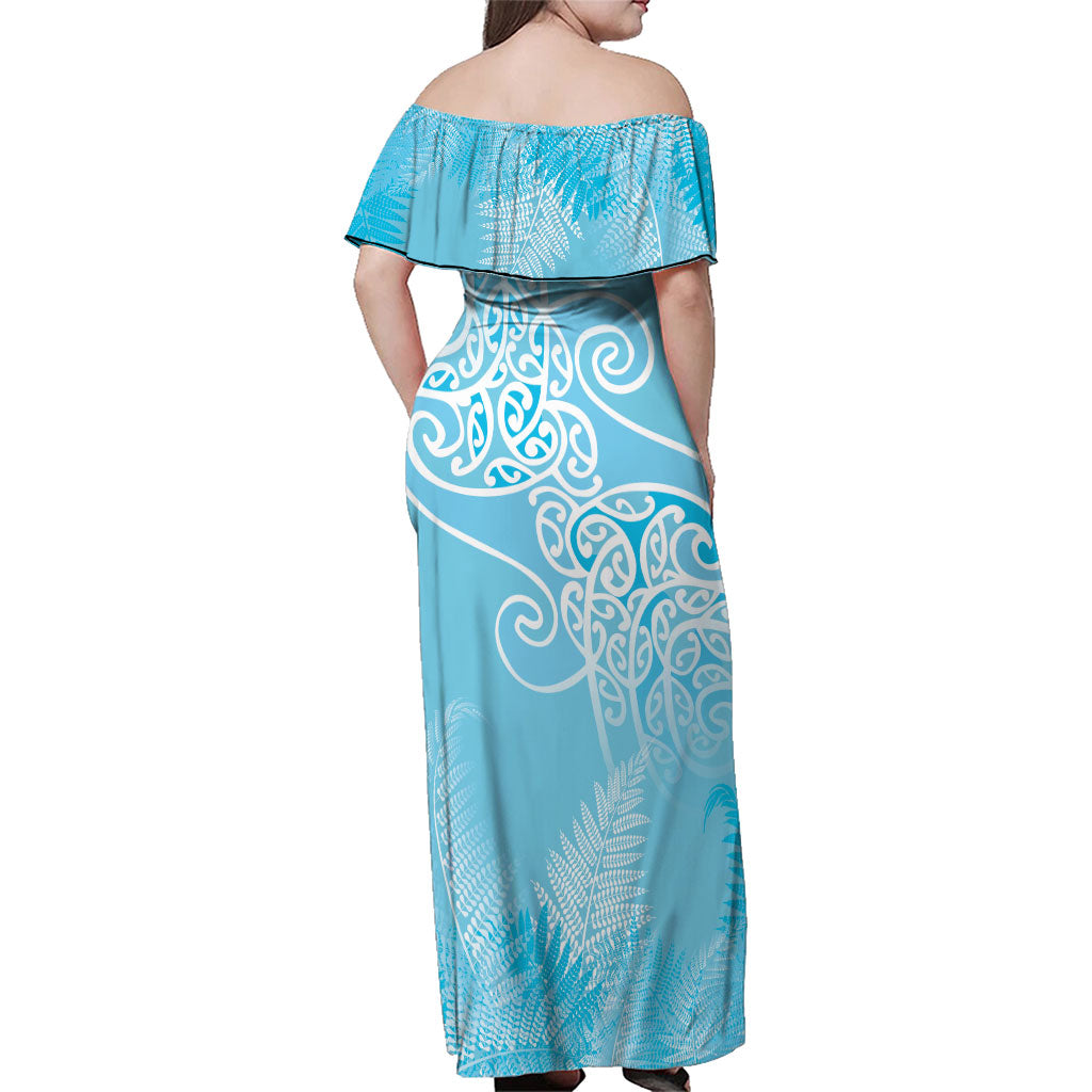 Aotearoa Maori Koru Curves Family Matching Off Shoulder Maxi Dress and Hawaiian Shirt Silver Ferns - Turquoise