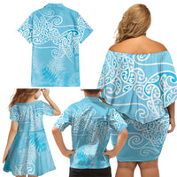 Aotearoa Maori Koru Curves Family Matching Off Shoulder Short Dress and Hawaiian Shirt Silver Ferns - Turquoise