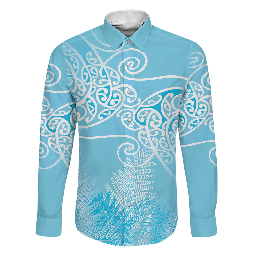 Aotearoa Maori Koru Curves Family Matching Off Shoulder Short Dress and Hawaiian Shirt Silver Ferns - Turquoise