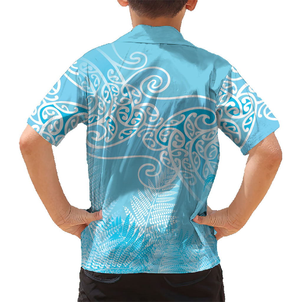Aotearoa Maori Koru Curves Family Matching Summer Maxi Dress and Hawaiian Shirt Silver Ferns - Turquoise