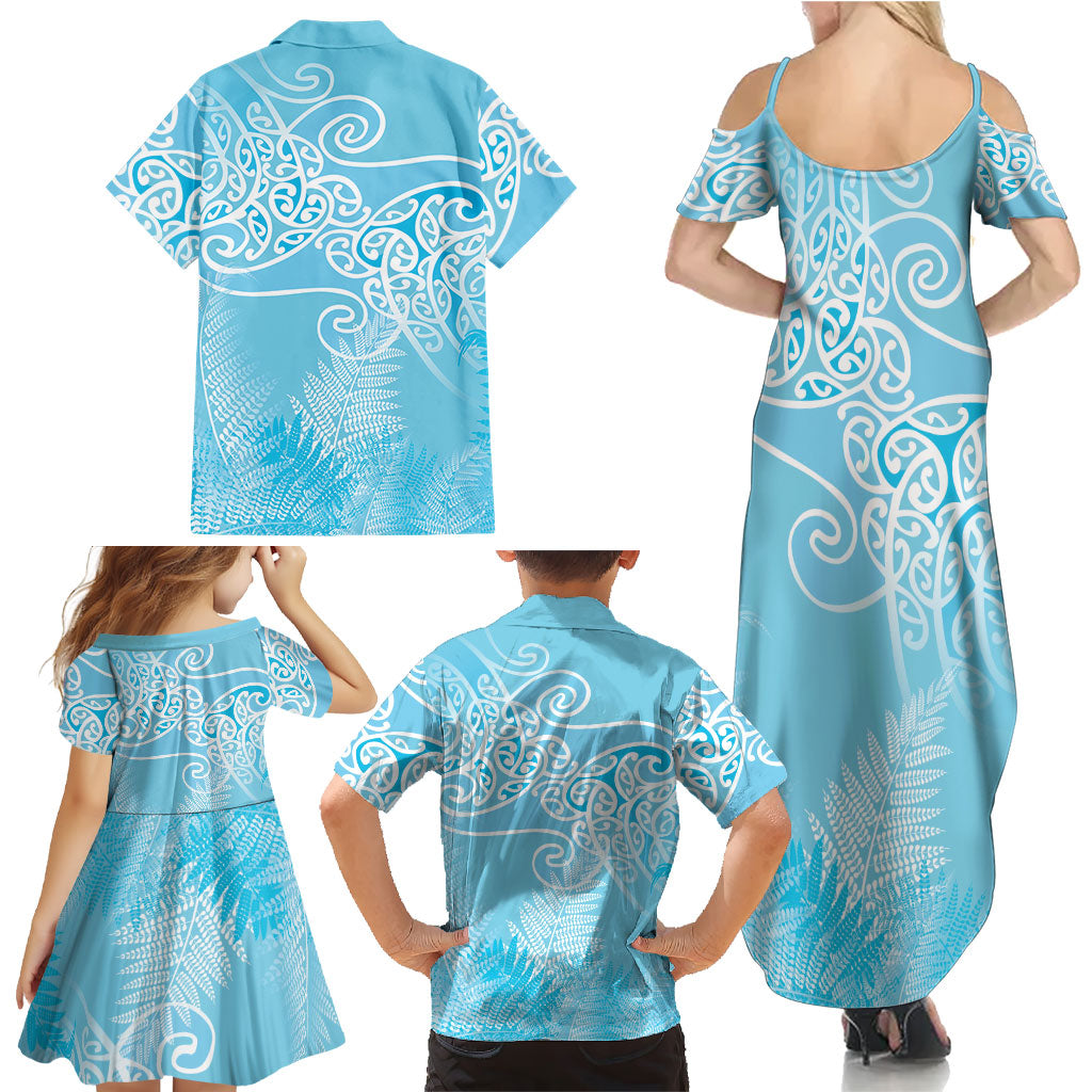 Aotearoa Maori Koru Curves Family Matching Summer Maxi Dress and Hawaiian Shirt Silver Ferns - Turquoise