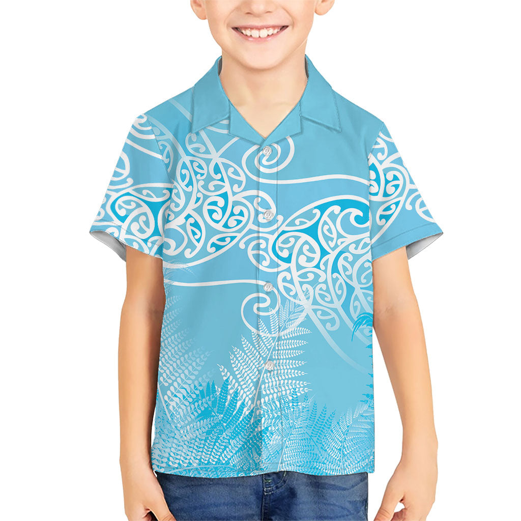 Aotearoa Maori Koru Curves Family Matching Summer Maxi Dress and Hawaiian Shirt Silver Ferns - Turquoise