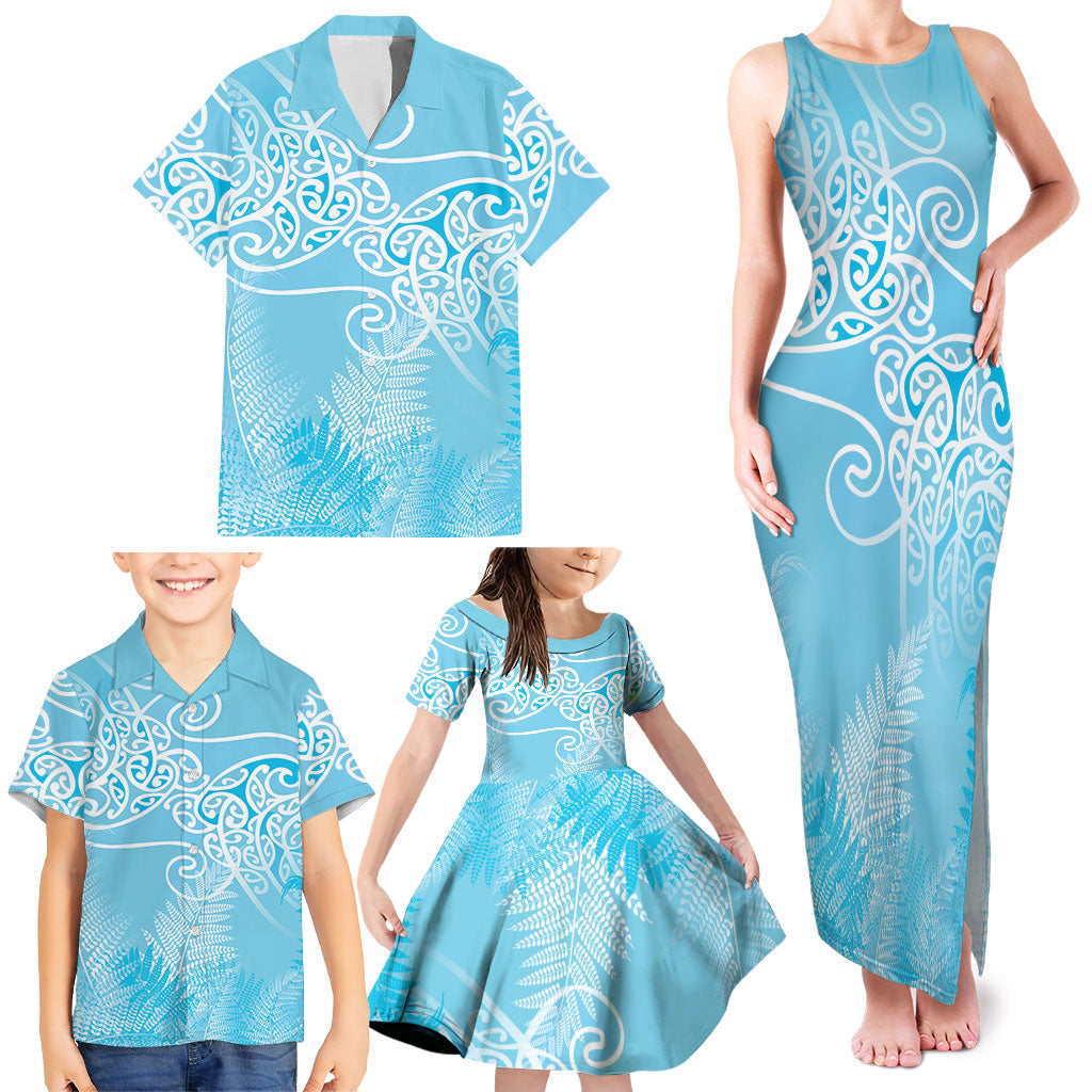 Aotearoa Maori Koru Curves Family Matching Tank Maxi Dress and Hawaiian Shirt Silver Ferns - Turquoise