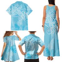Aotearoa Maori Koru Curves Family Matching Tank Maxi Dress and Hawaiian Shirt Silver Ferns - Turquoise
