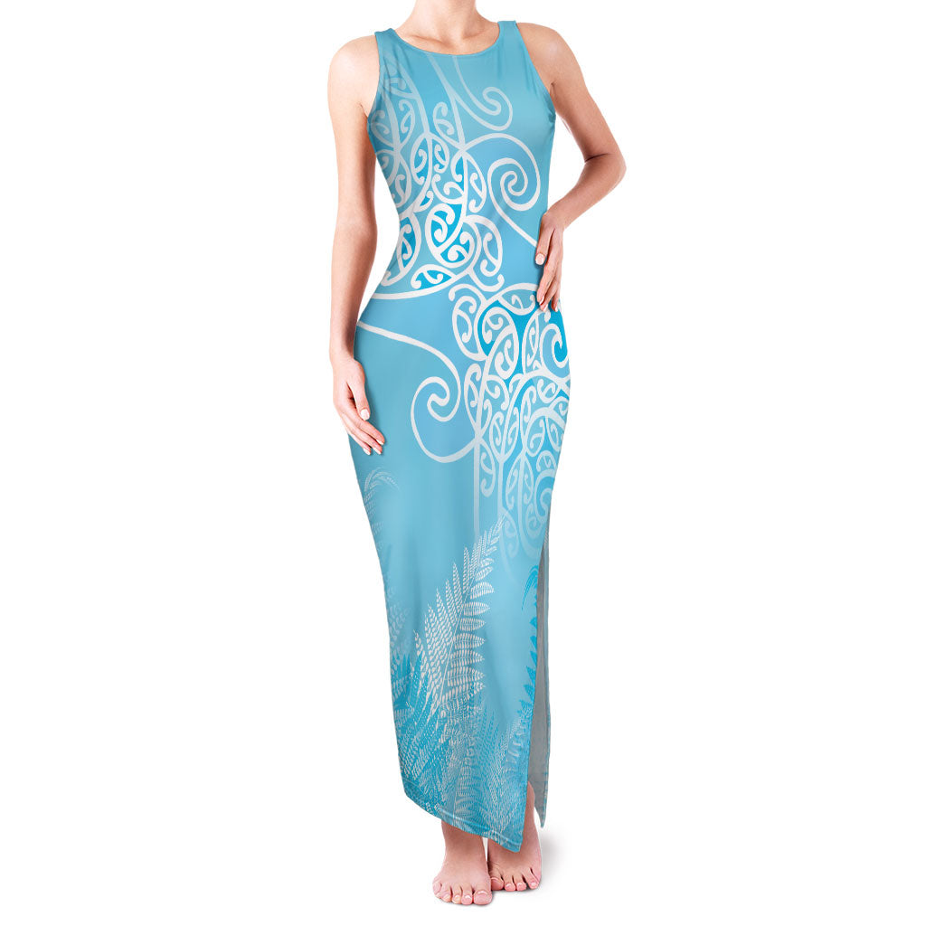 Aotearoa Maori Koru Curves Family Matching Tank Maxi Dress and Hawaiian Shirt Silver Ferns - Turquoise