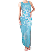 Aotearoa Maori Koru Curves Family Matching Tank Maxi Dress and Hawaiian Shirt Silver Ferns - Turquoise