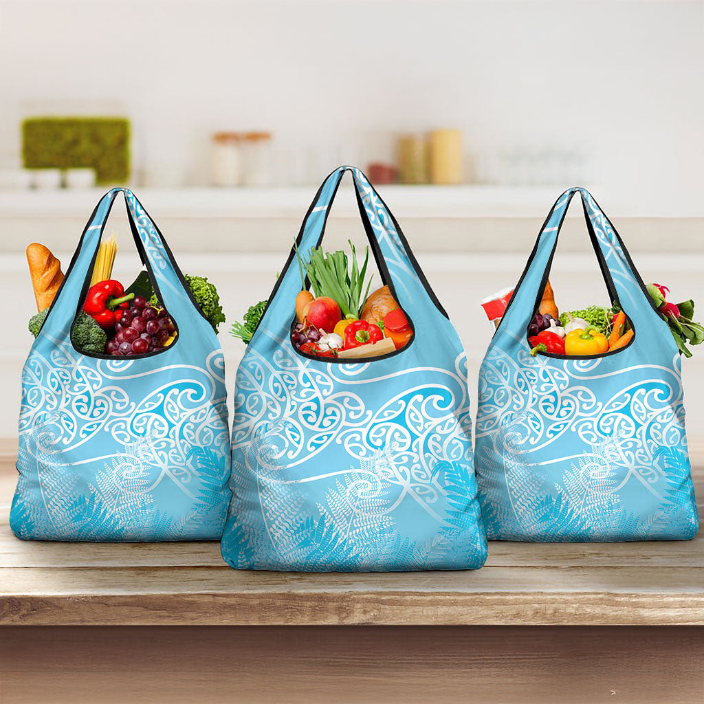 Aotearoa Maori Koru Curves Grocery Bag Silver Ferns - Turquoise