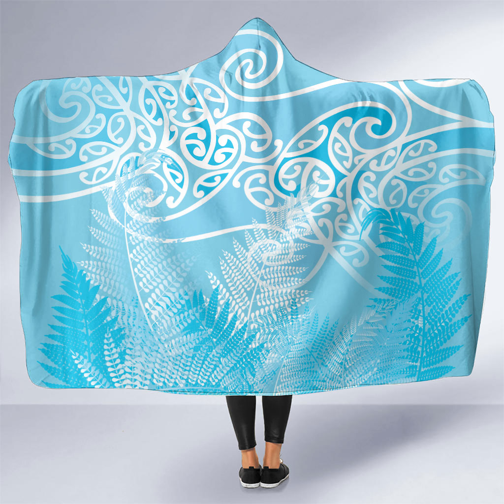 Aotearoa Maori Koru Curves Hooded Blanket Silver Ferns - Turquoise LT7 One Size Turquoise - Polynesian Pride