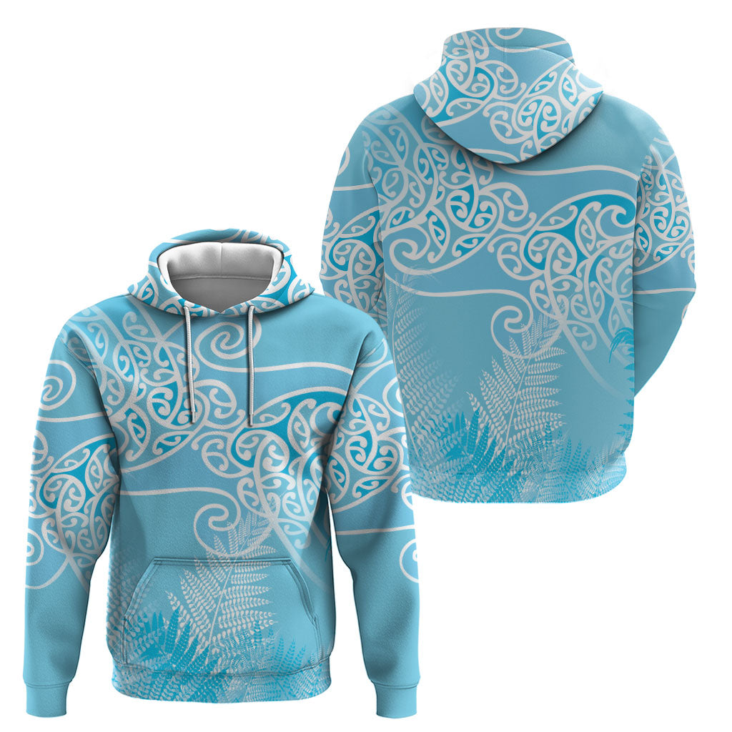 Aotearoa Maori Koru Curves Hoodie Silver Ferns - Turquoise LT7 - Polynesian Pride