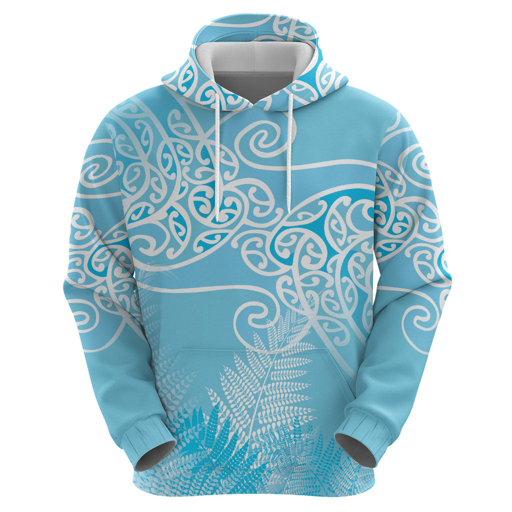 Aotearoa Maori Koru Curves Hoodie Silver Ferns - Turquoise LT7 - Polynesian Pride