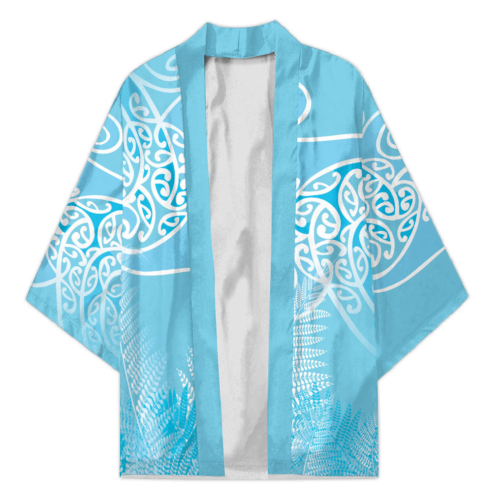 Aotearoa Maori Koru Curves Kimono Silver Ferns - Turquoise LT7 Unisex Turquoise - Polynesian Pride