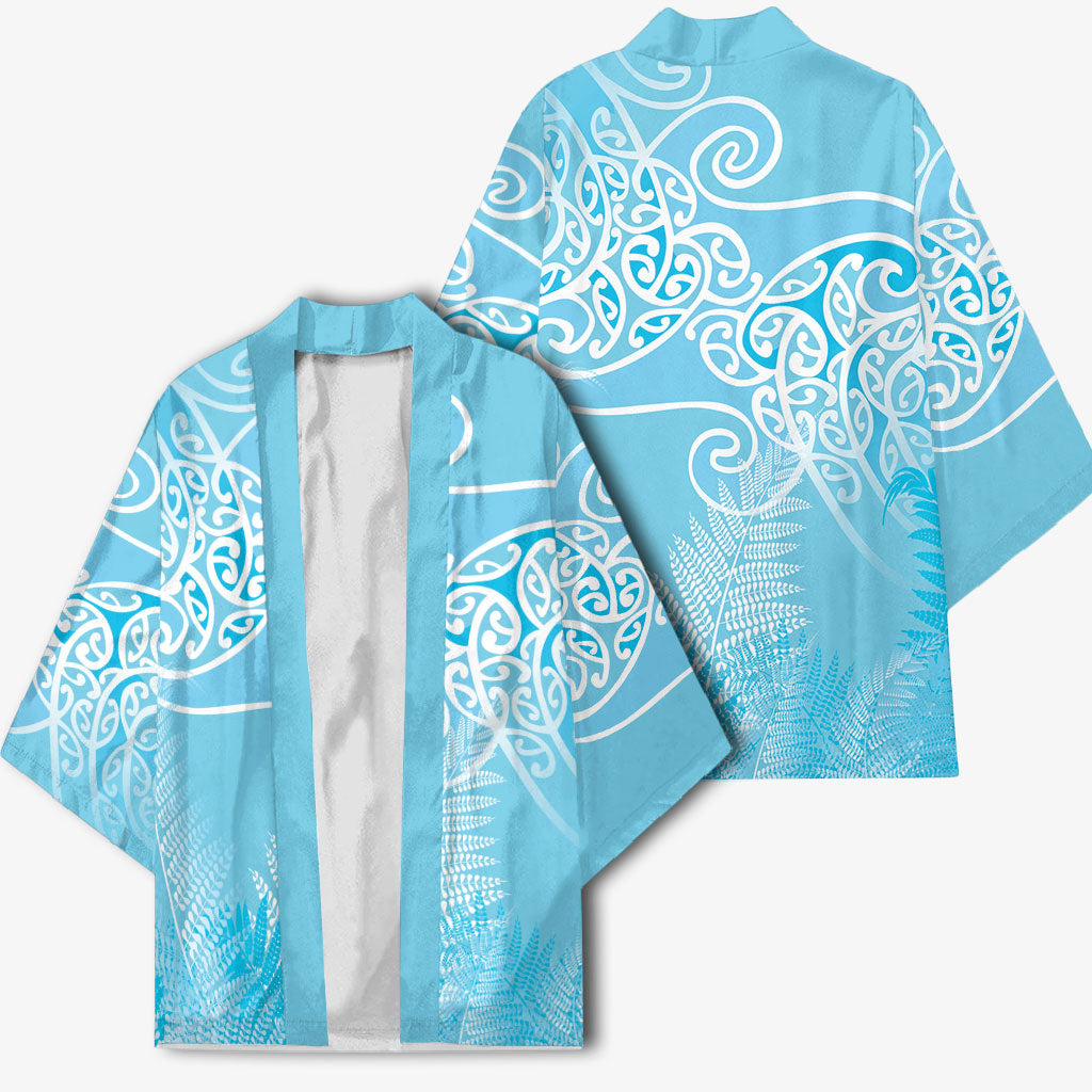 Aotearoa Maori Koru Curves Kimono Silver Ferns - Turquoise LT7 - Polynesian Pride