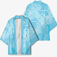 Aotearoa Maori Koru Curves Kimono Silver Ferns - Turquoise LT7 - Polynesian Pride
