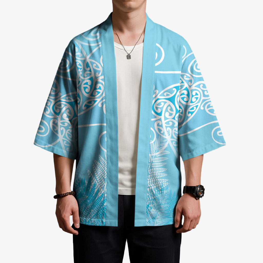 Aotearoa Maori Koru Curves Kimono Silver Ferns - Turquoise LT7 - Polynesian Pride