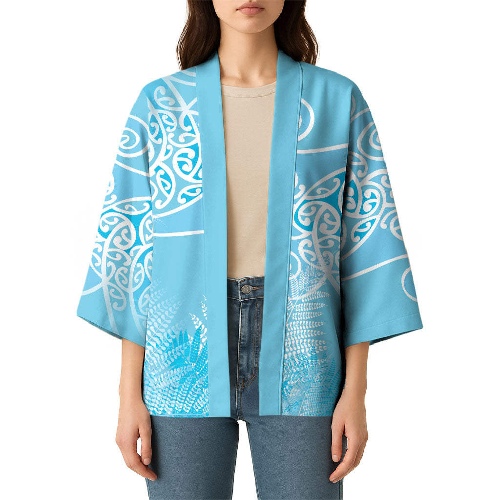 Aotearoa Maori Koru Curves Kimono Silver Ferns - Turquoise LT7 - Polynesian Pride