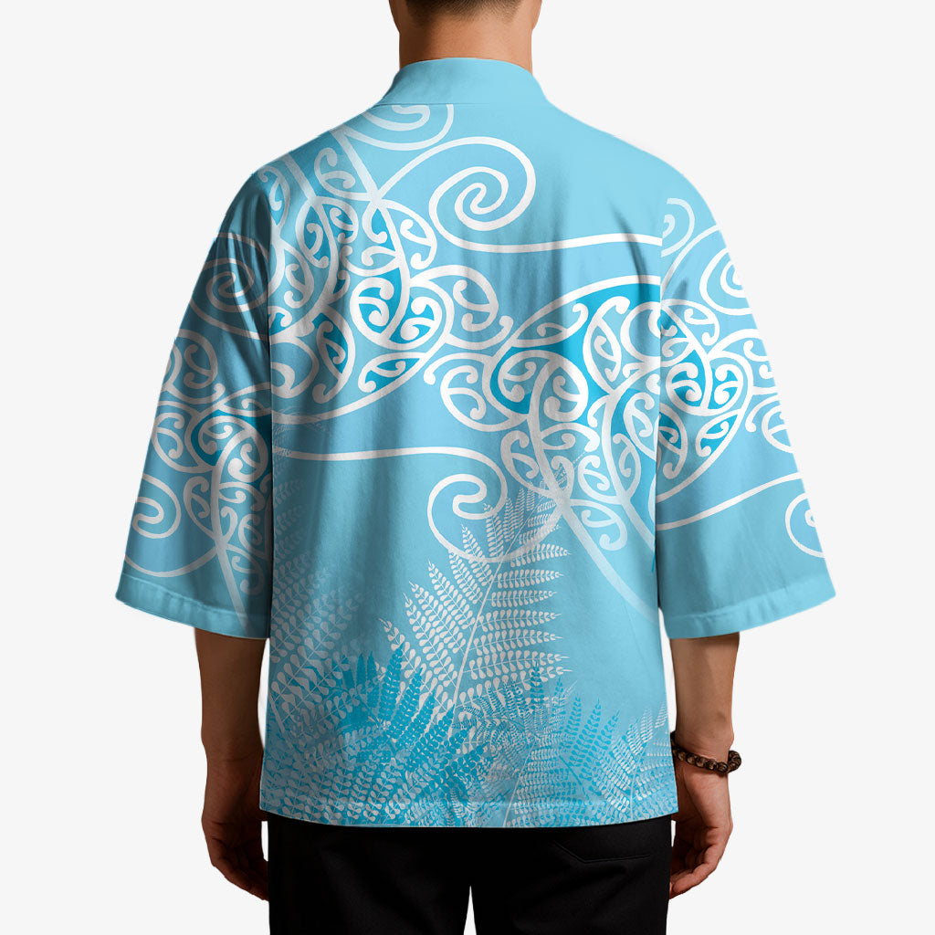 Aotearoa Maori Koru Curves Kimono Silver Ferns - Turquoise LT7 - Polynesian Pride