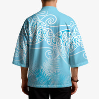 Aotearoa Maori Koru Curves Kimono Silver Ferns - Turquoise LT7 - Polynesian Pride