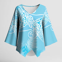 Aotearoa Maori Koru Curves Kimono Sleeve Blouse Silver Ferns - Turquoise