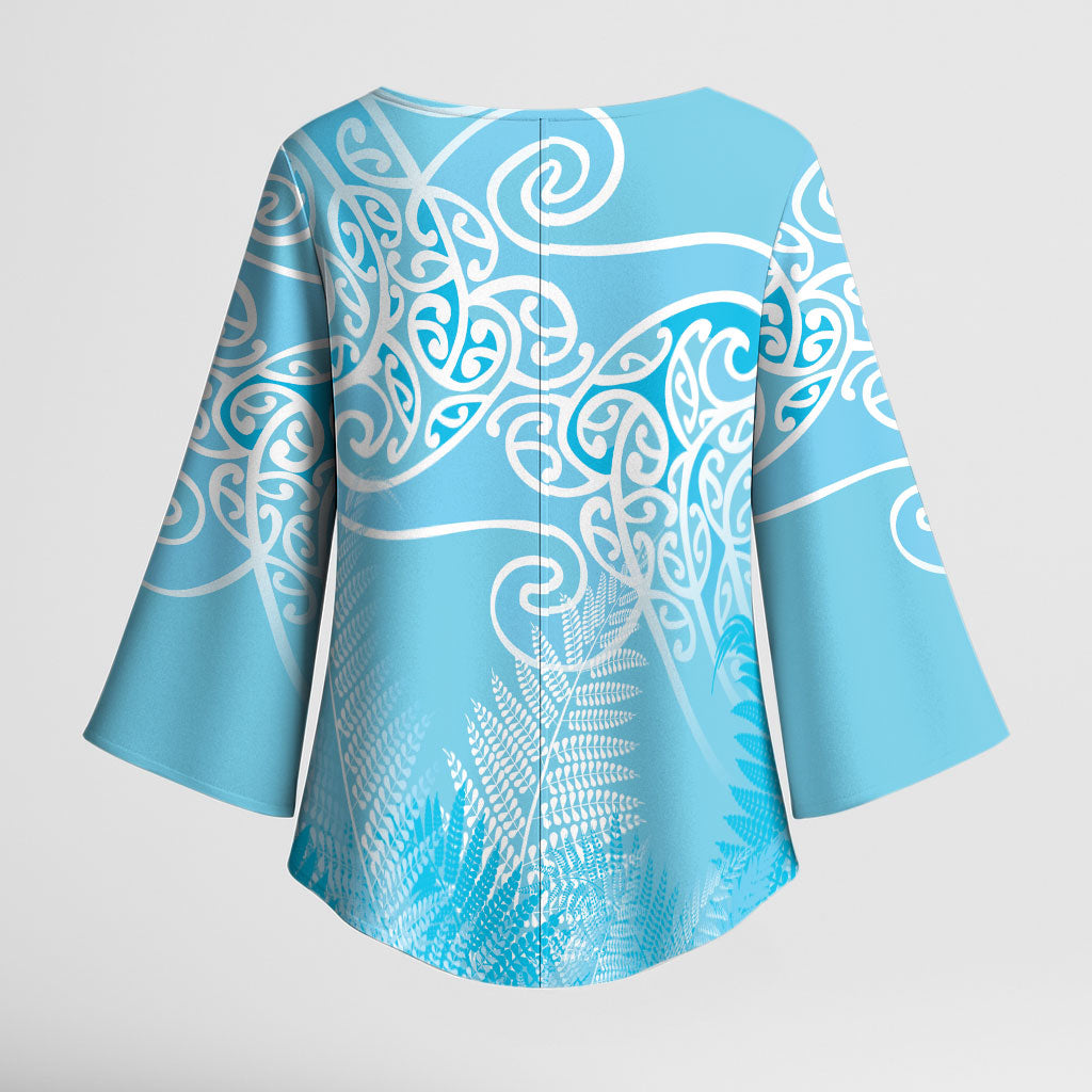 Aotearoa Maori Koru Curves Kimono Sleeve Blouse Silver Ferns - Turquoise