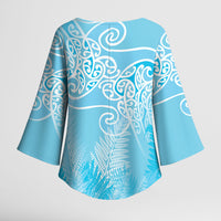 Aotearoa Maori Koru Curves Kimono Sleeve Blouse Silver Ferns - Turquoise