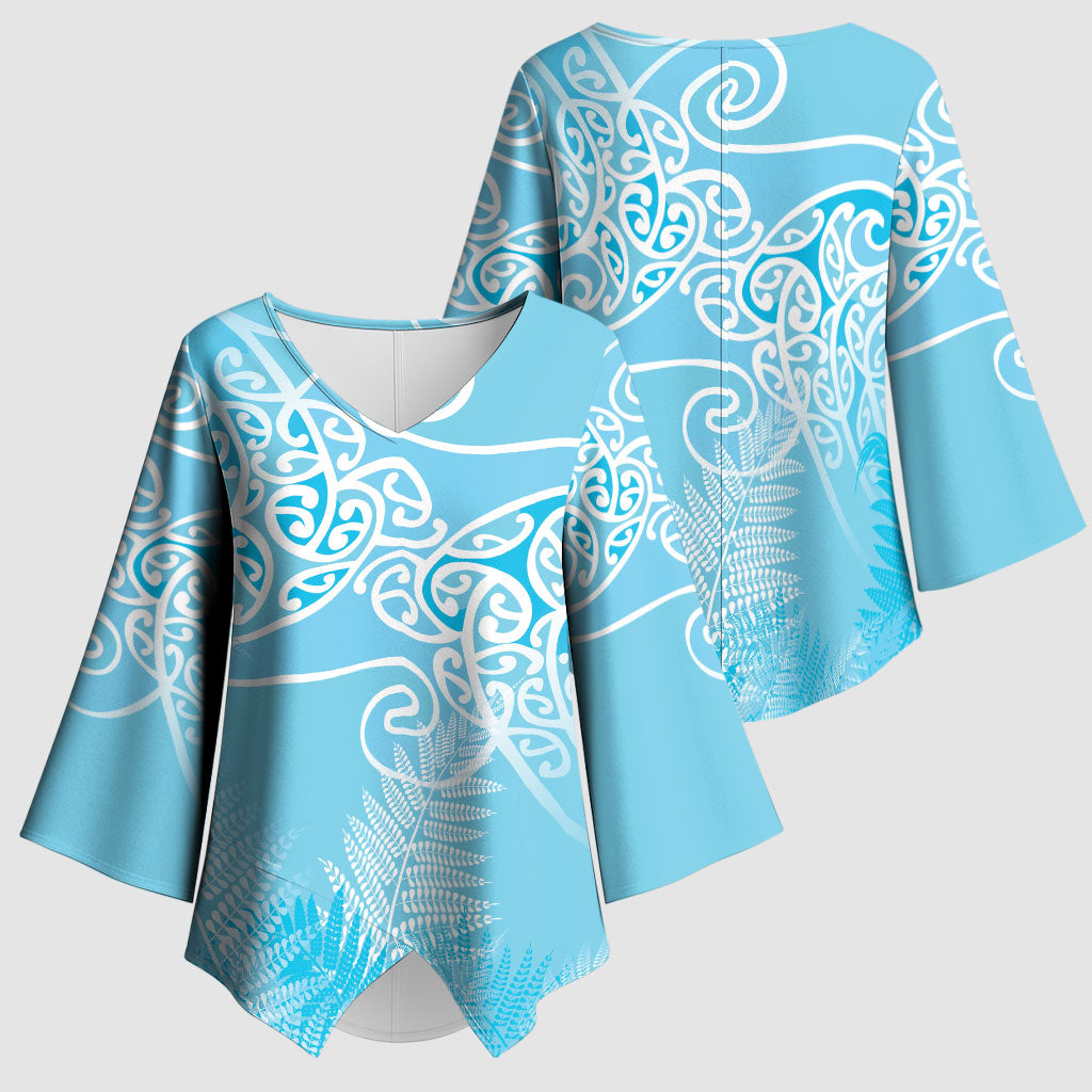Aotearoa Maori Koru Curves Kimono Sleeve Blouse Silver Ferns - Turquoise